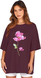 T-shirt pour femme à manches courtes, col rond, imprimé floral bordeaux, coupe ample, décontracté, printemps-été, 100% coton jersey - Product Image 2