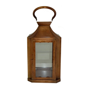 Lanterne à bougie hexagonale en bronze et cuivre, grande, suspendue, avec toit incurvé concave, poignée en boucle, panneaux en verre transparent, décoration de table - Product Image 6