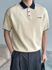 Polo pour homme en patchwork contrasté, col marine et corps beige, été - Product Image 5