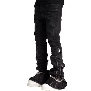 Jeans de mezclilla lavados de corte holgado para hombre, estilo urbano, apilados y acampanados con detalles de cremallera personalizados, de moda. - Product Image 3
