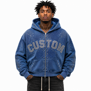 Sweat à capuche zippé personnalisé en strass, épais, oversize, à étoiles cloutées, style streetwear, tendance hiver Y2K, en polaire - Product Image 5