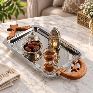 Plateau de service finition miroir avec poignées en bois en forme de croissant et d'étoile pour les dattes |   Plateau rectangulaire en acier inoxydable pour la décoration de table - Product Image 3