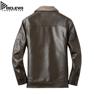 Manteau en similicuir marron foncé pour homme, veste d'hiver décontractée et chaude avec fermeture éclair sur le devant, col en fourrure douce et deux poches avant - Product Image 3