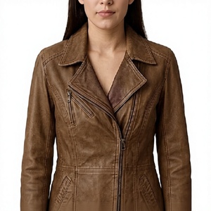 Womens <b>Brown</b> Sheep Skin <b>Leather</b> <b>Jacket</b> Slim Fit Biker Style Asymmetrical Zipper ODM Stylish Winter Fashion Casual Outerwear Mod - Product Image 2