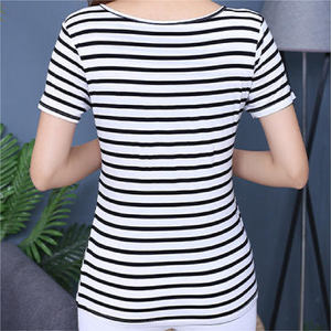 Camiseta Holgada con Cuello Redondo al por Mayor, Camiseta de Alta Calidad con Diseño a Rayas de Longitud Corta, Camiseta Informal, Cómoda y Transpirable para Mujer - Product Image 2