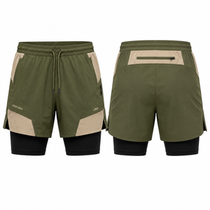 Men's Color Blocked Quick Dry Sport Shorts With Pockets Drawstring Waist <b>Mid</b> Length Olive Green Beige Two <b>Layer</b> Design - Product Image 1