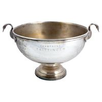 Bol à champagne antique en argent avec poignées en forme de cygne - Refroidisseur à vin gravé Taittinger de style vintage - Grand récipient à glace sur piédestal