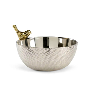 Bol décoratif avec accent floral doré, centre de table en acier inoxydable texturé et plat à fruits plaqué nickel noir - Product Image 4