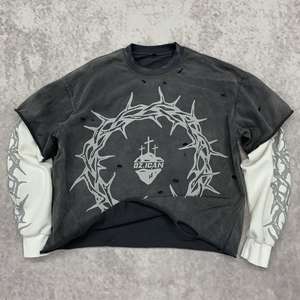 Camiseta Corta de Manga Larga con Logo Personalizado Estilo Streetwear, Lavado Vintage, Impresión Serigrafiada de Doble Capa, Efecto Desgastado por el Sol, Oversize - Product Image 5