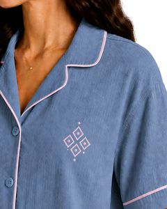 Customized Dusty Blue Women Pajama Set Short Sleeve Button <b>Down</b> Nightwear Soft Breathable Summer Sleepwear Casual Lounge Set - Product Image 6