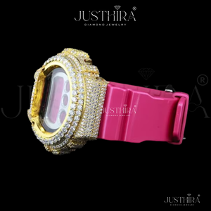 นาฬิกาดิจิตอลฮิปฮอปสีสันสดใส พร้อมกรอบสีทองประดับเพชร สายสีชมพู และเพชรระยิบระยับ สำหรับเครื่องประดับแฟชั่นสุดอินเทรนด์ - Product Image 4