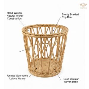 Panier à déchets en rotin naturel fait main, corbeille à papier en osier, décoration bohème pour la maison, couvercle de pot de fleurs, bac de rangement rond, usine OEM - Product Image 2