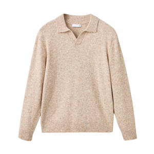 Pull polo à manches longues en tricot naturel pour homme, mélange doux de laine/viscose, coupe classique, col en V, anti-plis, beige, décontracté, hiver - Product Image 1