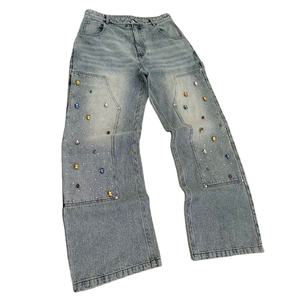 Último Diseño Pantalones Vaqueros con Pedrería Estilo Urbano, Jeans Holgados de Carpintero con Doble Parche y Diamantes, Jeans de Mezclilla Holgados para Hombre con Gemas - Product Image 1