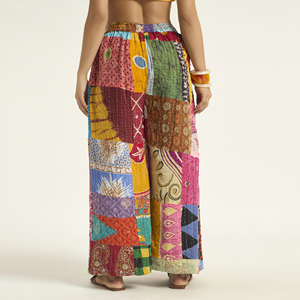 Pantalon palazzo vintage en patchwork Kantha pour femme, fait main, en coton recyclé, style bohème, vente en gros - Product Image 5