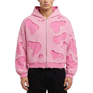 Men <b>Pink</b> Knitted Hoodie Oversized Patchwork Cut Out Design Frayed Edges Zip Up Streetwear Style Autumn Wear - Product Image 1