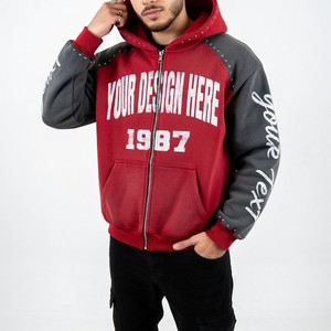 Sudadera con capucha para hombre con cremallera, bloques de color, mangas raglán con tachuelas, estampado de letras, sudadera con capucha personalizada para hombre, OEM ODM - Product Image 6