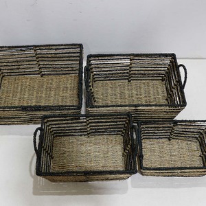 Panier de rangement rectangulaire rustique en jonc de mer écologique noir tressé avec poignées pour la lessive et la salle de bain - Product Image 4