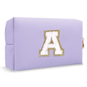 Borsa da Viaggio per Cosmetici in Pelle PU Viola Stile Preppy con Patch, Pochette Personalizzabile con Iniziale A-Z, Simpatica Borsa per il Trucco con Cerniera - Product Image 1