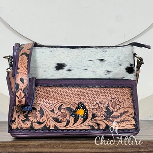 Customized Vintage Genuine Hair-on Cowhide <b>Tooled</b> <b>Leather</b> Crossbody Purse Western Floral Handcrafted Shoulder Bag for Women's - Product Image 1