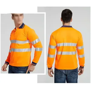 Polo à manches longues haute visibilité pour homme, orange avec bandes réfléchissantes, vêtements de travail - Product Image 5
