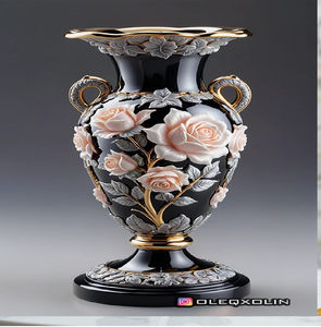 Vase sur piédestal noir élégant avec des roses roses ornées et des poignées dorées. Disponible aux prix de gros. - Product Image 1