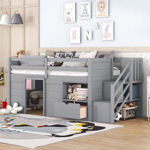 Letto a soppalco basso in legno massello per bambini, con scaletta e cassetto, colore grigio - Product Image 4