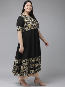 Women's Plus Size Cotton Anarkali <b>Kurti</b> featuring Round Neck Short Sleeves and Comfortable Daily Wear <b>Kurti</b> in Black - Product Image 3