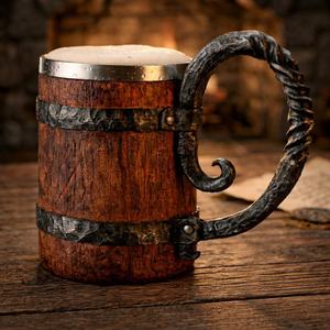 Chope à bière Viking en bois poli fait main, style rustique médiéval, avec doublure en acier inoxydable - Product Image 2
