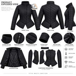 Veste matelassée noire pour femme HEMA, col montant, manches longues, fermeture éclair, vêtement d'hiver, en coton biologique, polaire, imperméable - Product Image 5