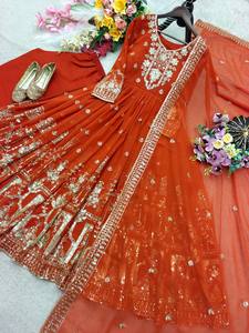 Robe Anarkali en polyester brodée orange avec dupatta, longueur au sol, tenue traditionnelle indienne et pakistanaise pour femmes, robe de mariage - Product Image 3
