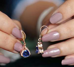 Pendientes Colgantes de Zafiro Azul con Moissanita y Halo, Cierre de Palanca, Joyería para Mujer - Product Image 4