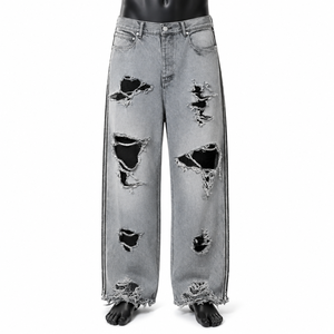 Pantalones Vaqueros de Mezclilla Desgastados de Pierna Ancha y Cintura Media para Hombre, Estilo Urbano, Ajuste Holgado, Ecológicos, de Algodón Pesado, Moda Primavera - Product Image 1