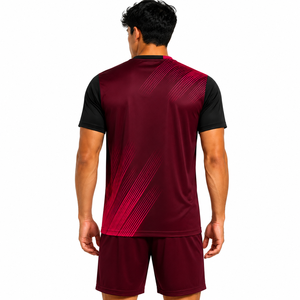 Conjunto de Camiseta de Fútbol para Hombre SINEWY SPORTS, Cuello en V, Manga Corta, Rojo y Negro, Estampado Geométrico, Absorbe la Humedad, Transpirable, Secado Rápido - Product Image 6