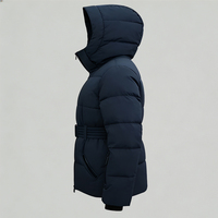 Veste d'hiver matelassée en duvet imperméable coupe-vent à capuche avec ceinture, taille plus, bleu marine, logo personnalisé OEM pour femmes