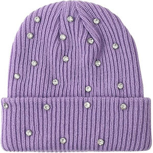 Bonnet d'hiver de luxe pour femme, en tricot côtelé, orné de strass et de cristaux, avec revers, couleur jaune moutarde, chaud et étincelant - Product Image 5