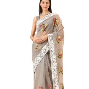 Dernier Designer Organza Soie Brodé Imprimé Saree par Fab zone - Product Image 1