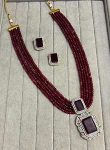 <b>Ruby</b> Red Long Layered Beaded <b>Necklace</b> Victorian Style CZ Pendant Set Indian Bridal Rani Haar Statement Festive Jewelry Set - Product Image 5