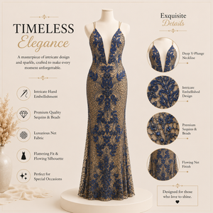 Luxury Navy Blue Embellished Deep V Neck Mermaid Evening Gown for Women <b>Sequin</b> Beaded Formal Party Wedding Reception Dress - Product Image 5