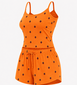 Ensemble 2 pièces décontracté en coton tricoté pour femme, imprimé fraises orange, débardeur et short, respirant, coupe classique, printemps-été - Product Image 1