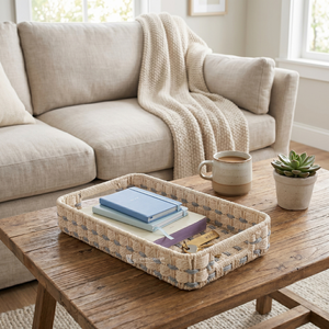 Bandeja de Almacenamiento de Cuerda de Papel Estilo Bohemio Ecológica - Organizador de Cocina de un Solo Nivel con Asas, Artesanía Sostenible Multifuncional - Product Image 5