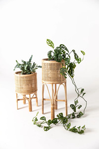 Wooden flower holder stand natural rattan planter pot <b>shelf</b> for plants boho decor plant basket stands - Product Image 5