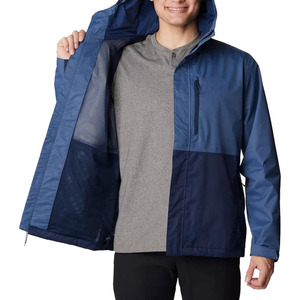 Veste coupe-vent imperméable à capuche pour homme, couleur contrastée bleue, polyester, automne, fermeture éclair, coupe classique - Product Image 5
