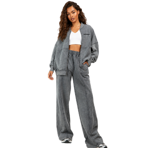 Ensemble de survêtement oversize zippé pour femme, veste décontractée et pantalon large à taille élastique avec poches, tenue décontractée deux pièces pour la détente, vente en gros - Product Image 1