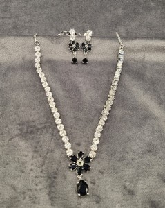 Floral Pattern Center Piece American Diamond Pear Drop Shape Accent Necklace <b>Set</b> With Dangle Earrings Festive Party Wear Jewelry - Product Image 2