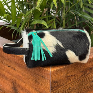 Multifunctional Large Capacity Hair on Cowhide Leather Turquois Tassel Toiletry Bag Makeup Cosmetic <b>Storage</b> Travel Organizer <b>Box</b> - Product Image 4