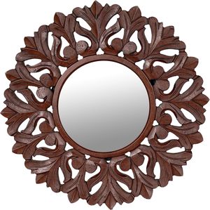 Handcrafted <b>Round</b> Wooden <b>Wall</b> <b>Mirror</b> Decorative Floral Carved Frame Rustic Home Decor Accent <b>Mirror</b> - Product Image 1