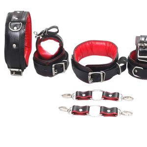 Leather Bondage Restraints Set With Wrist And Ankle Cuffs Red Lining Metal Buckles And Connectors - Product Image 2