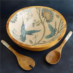 Bol de service en bois de manguier fait main avec impression de léopard tropical en émail |   Bol à salade et à fruits décoratif écologique pour la décoration de la maison - Product Image 4