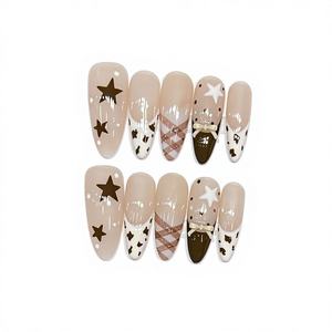 Plaid Brownie Acrylique Pré-conçu Long Ongles D'amande Japonais Mignon Forêt Fille Doux Y2K Vibe Nude Beige Crème Blanc - Product Image 1